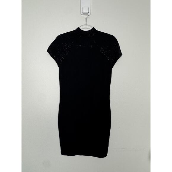 Reiss Dress Womens 6 Black Wool Knit Rhinestone Bodycon Cap Sleeve Modest - Picture 3 of 14